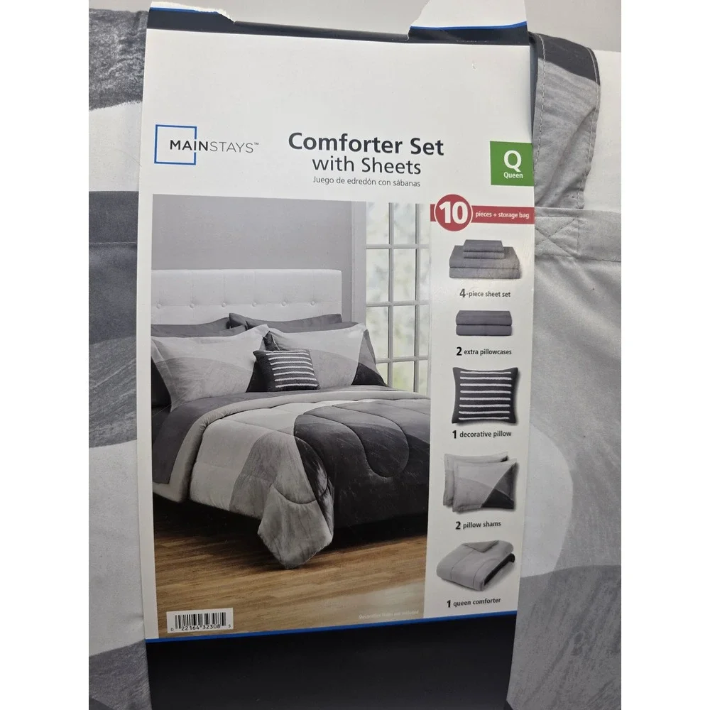 Mainstays Queen Comforter Set 10 Piece Grey White Geometric Sheets Pillow Set